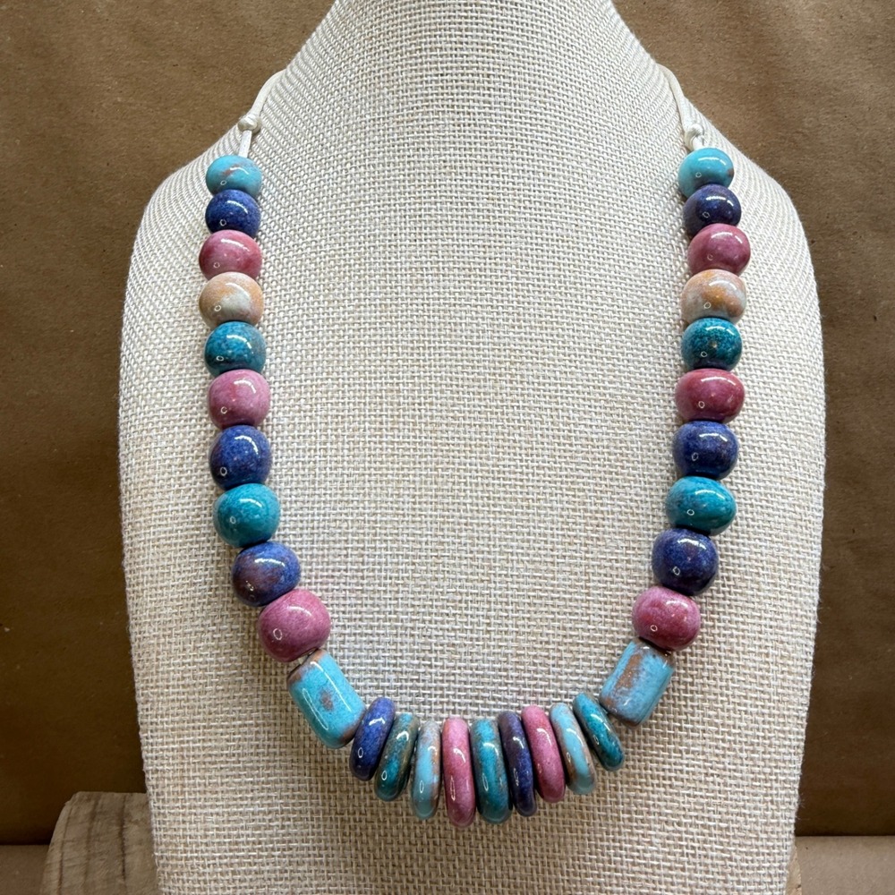 Handmade Ceramic Bead Necklace Turquoise Mauve Blue Glazed Stoneware Boho Tie